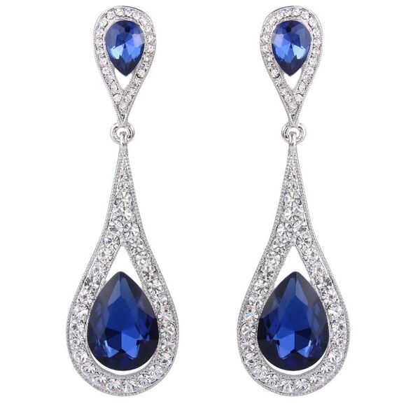 Silver with Blue Sapphire and Diamond Austrian Crystal Dual Teardrop Earrings - Picture 1 of 4